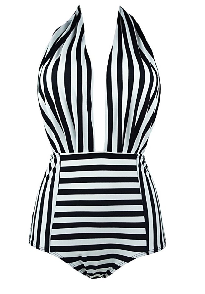 black and white scoop neck bathing suit