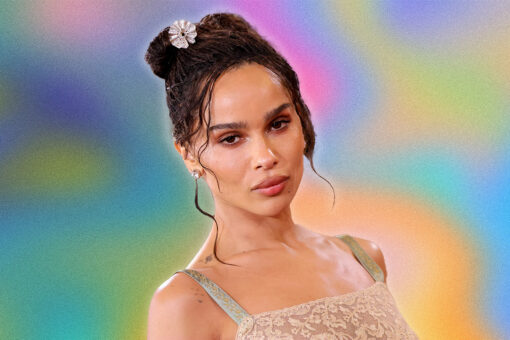 Zoe Kravitz on a rainbow background