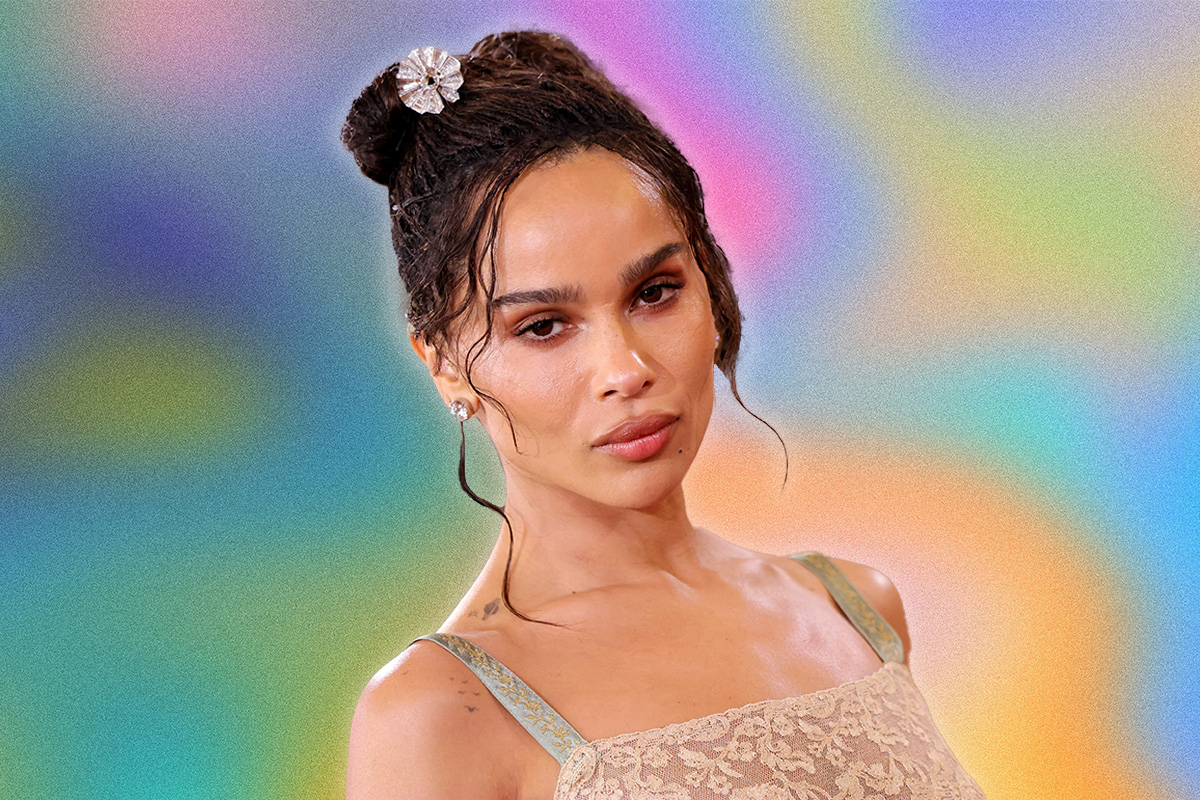Zoe Kravitz on a rainbow background