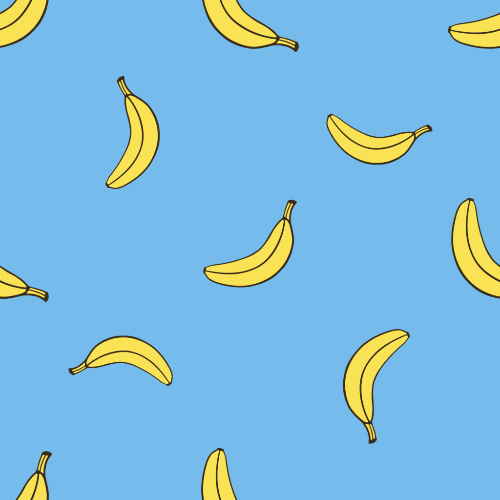 Vector illustration. Seamless pattern with falling yellow not peeled banana in pop art style on blue background. Healthy vegetarian food. Pattern with contour