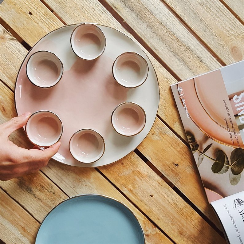 pink and white seder plate