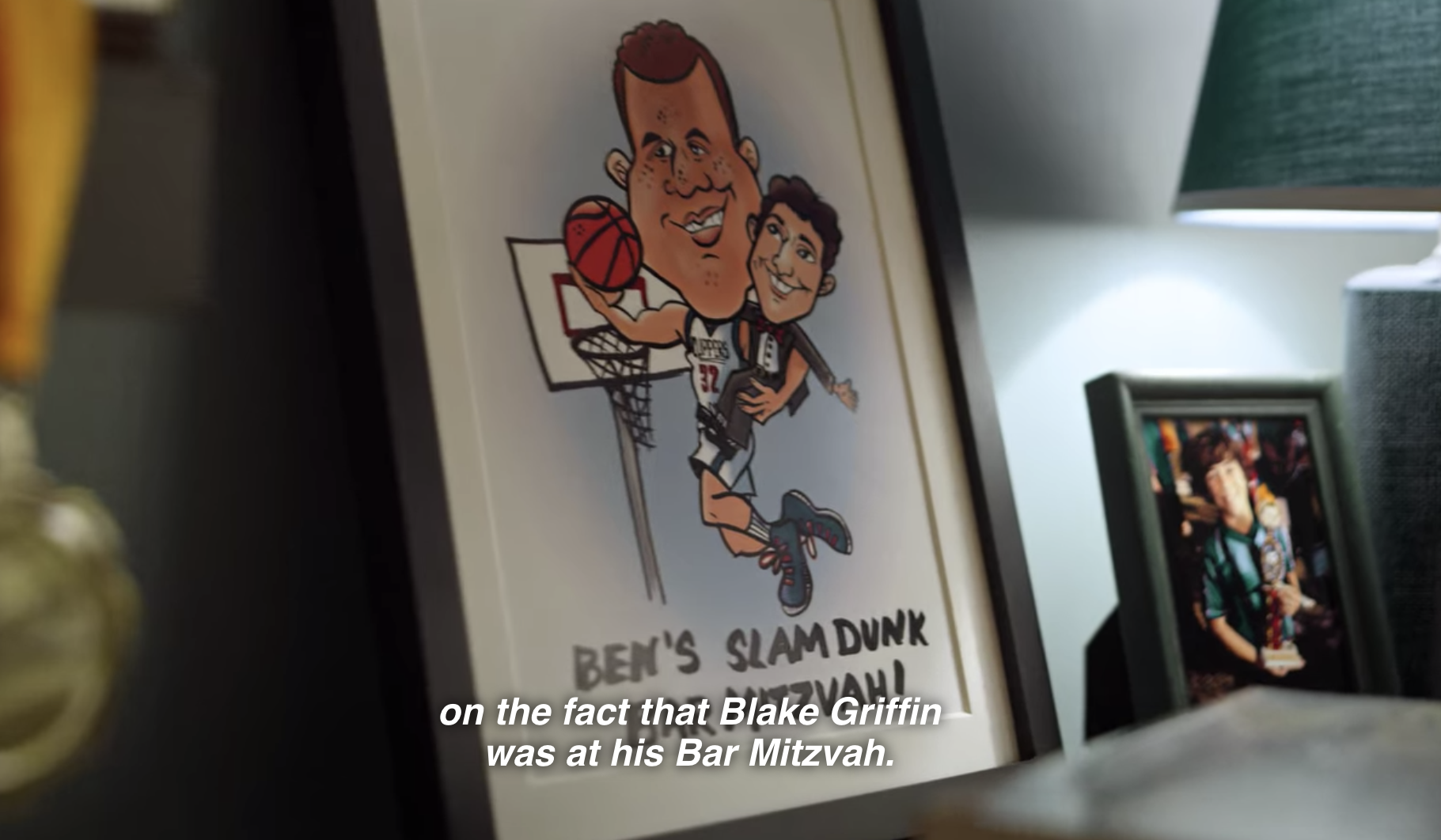 Ben's Slam Dunk Bar Mitzvah, carcature of Blake Griffin and a super tiny Ben