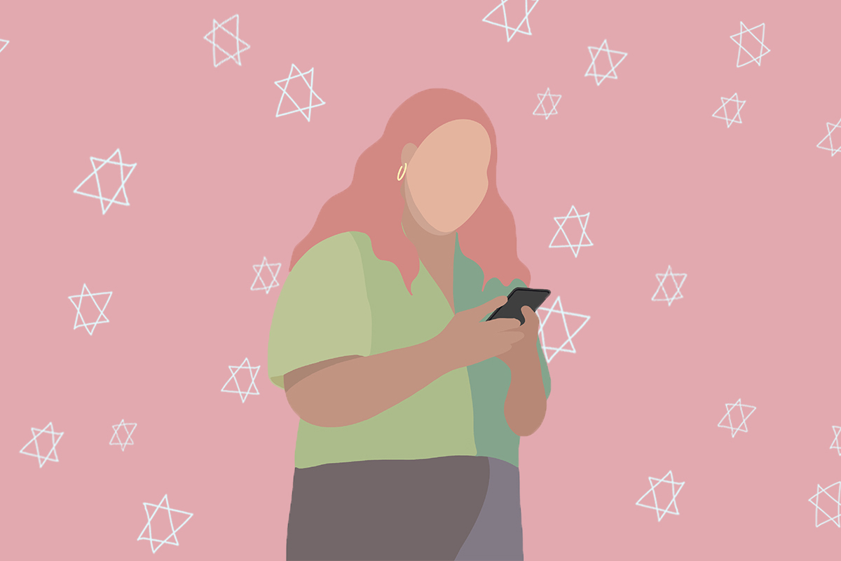 woman on phone with jewish stars