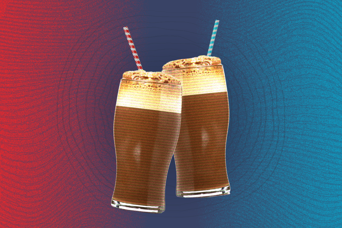 two egg creams with straws on a blue and red background