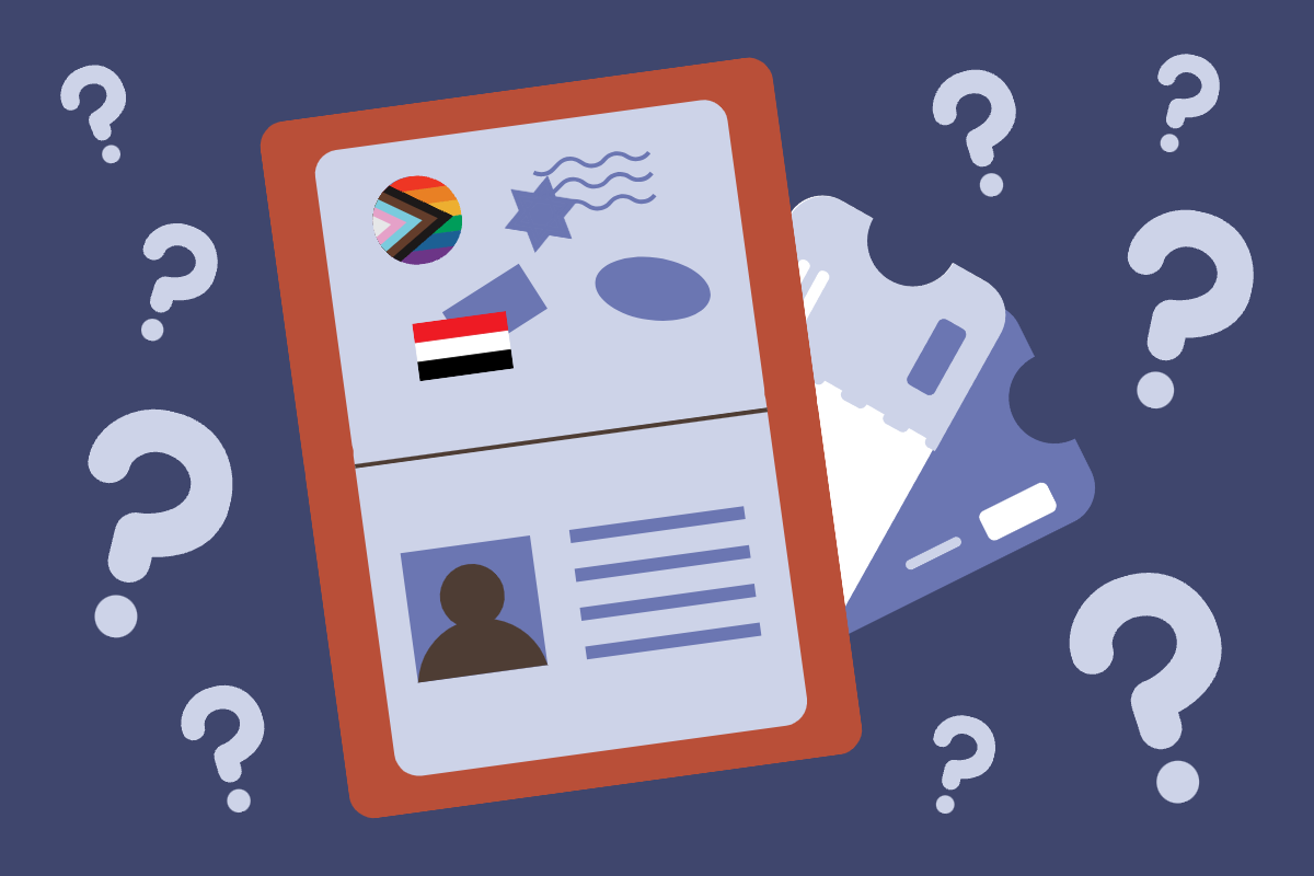 a passport surrounded by question marks