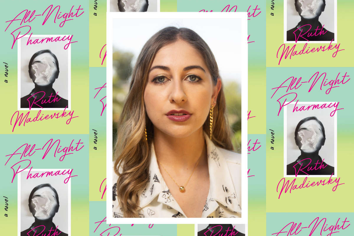 Portrait of author Ruth Madievsky on top of a collage of her best-selling book, All-Night Pharmacy