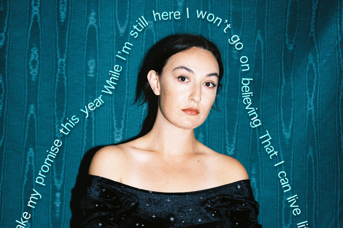 A photo of Zoe SKy Jordan with a teal wall in the background. Words surround her shoulders and head, they say, "Take my promise this year / While I’m still here / I won’t go on believing / That I can live life only sleeping"