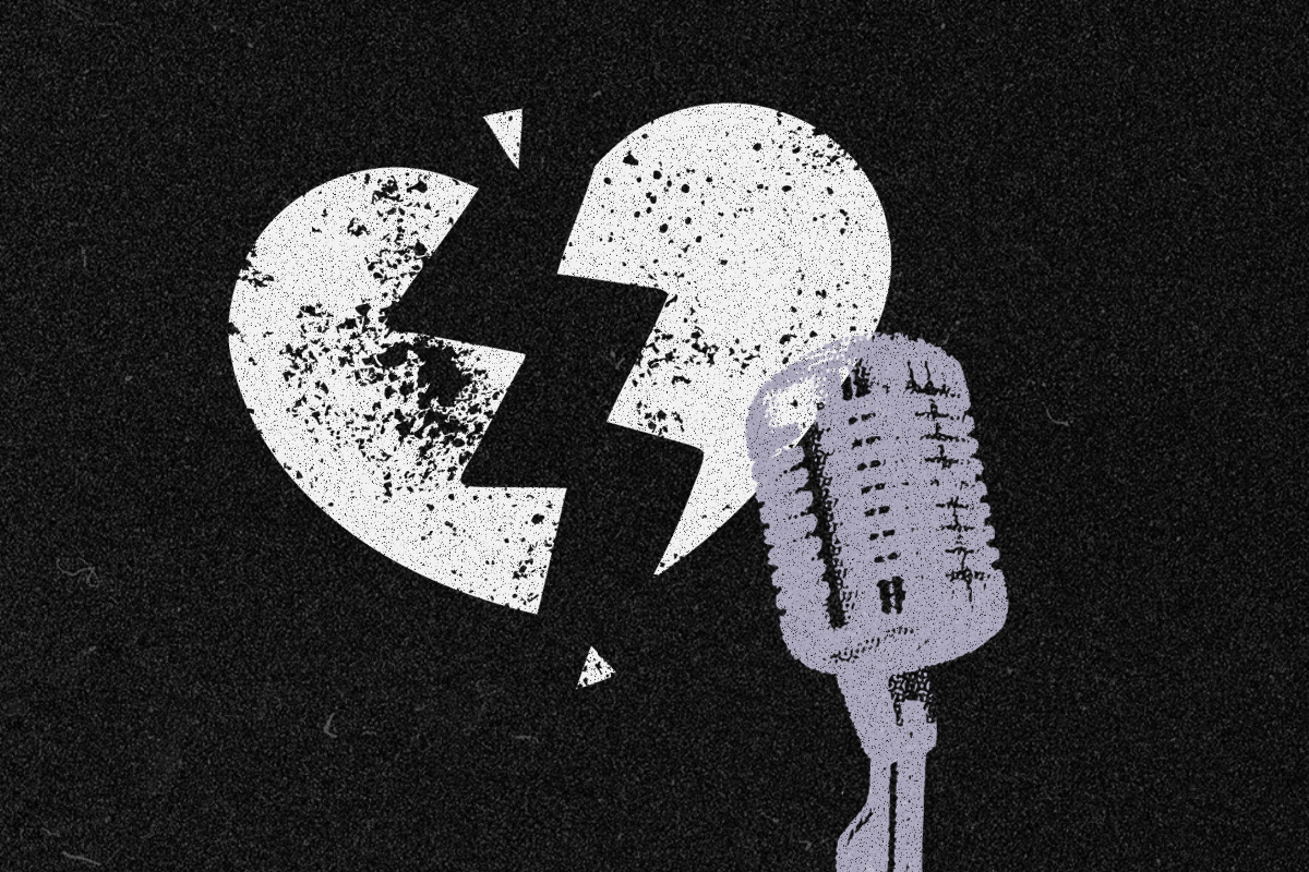 An image of a broken heart and a microphone on top of a black background