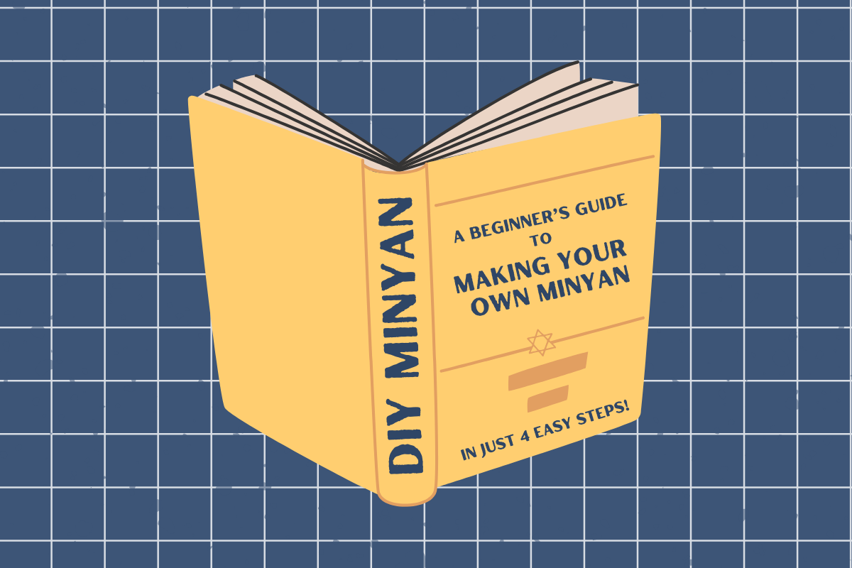 a yellow book with the words DIY Minyan on the spine on top of a blue background. The cover of the book reads A Beginner's Guide to Making Your Own Minyan in Just 4 Easy Steps with a Star of David on the front.