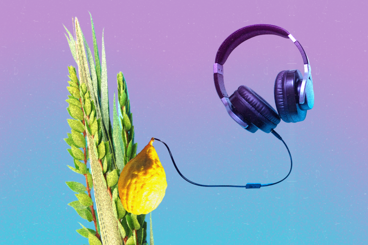 Lulav and Etrog listening to headphones