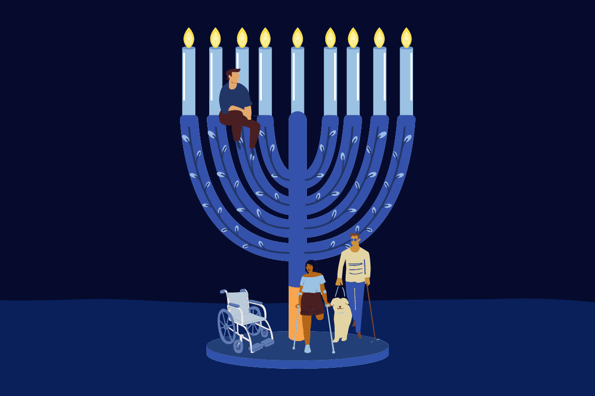 A blue menorah on a a blue background. A lone person sits on one of the branches. On the base, there is a wheel chair, a person using forearm crutches, and a seeing impaired person with a guide dog.