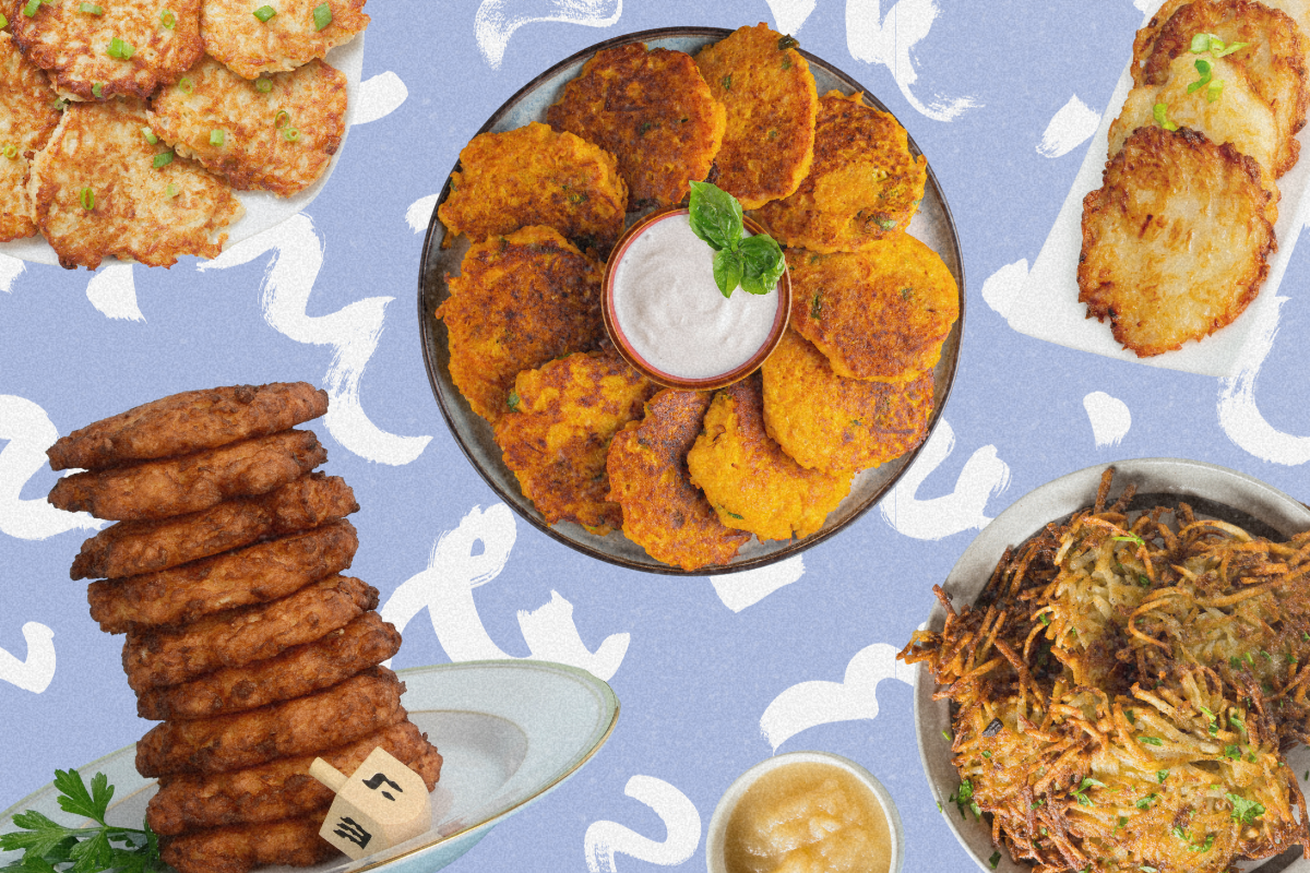 Latkes on a periwinkle squiggle background
