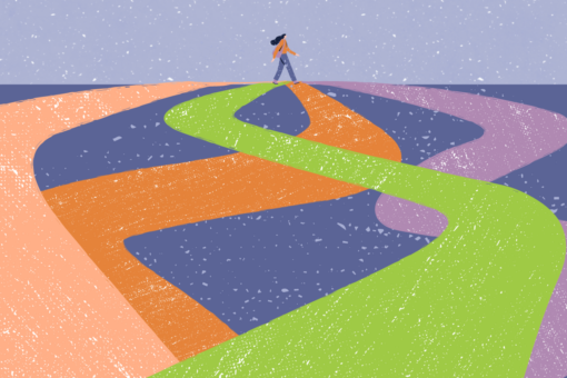 girl walking across many paths