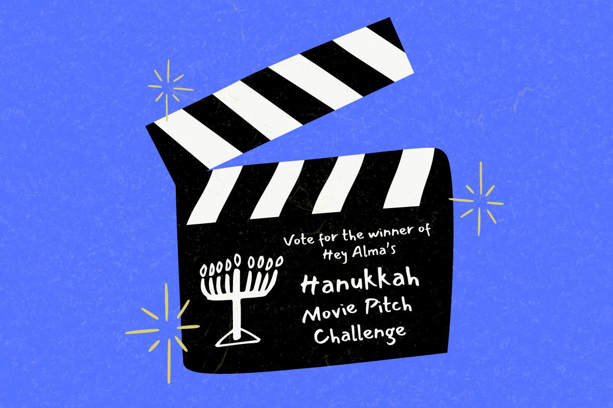 Movie Slate with text reading "Vote for the winner of Hey Alma's Hanukkah Movie Pitch Challenge"