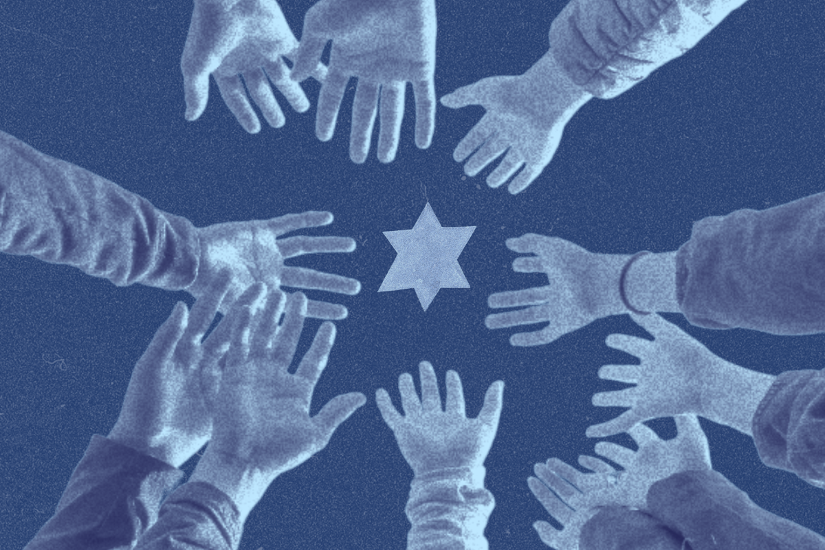many hands reaching out for a Star of David on a blue background