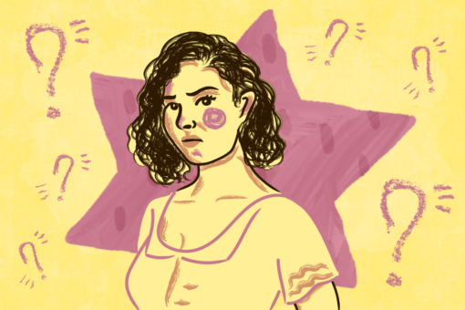 hey alma advice column. an illustration of a woman with short curly hair and a confused expression on her face, in front of a Star of David and a background of question marks.