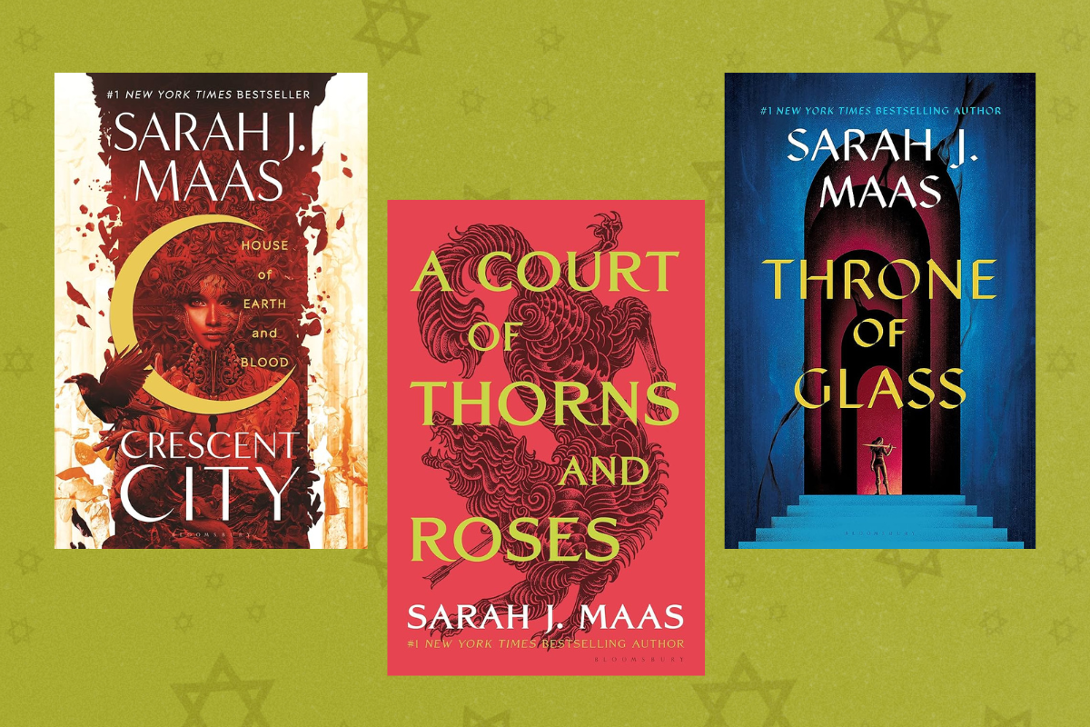 The covers of "Crescent City," "A Court of Thorns and Roses" and "Throne of Glass" on a green background