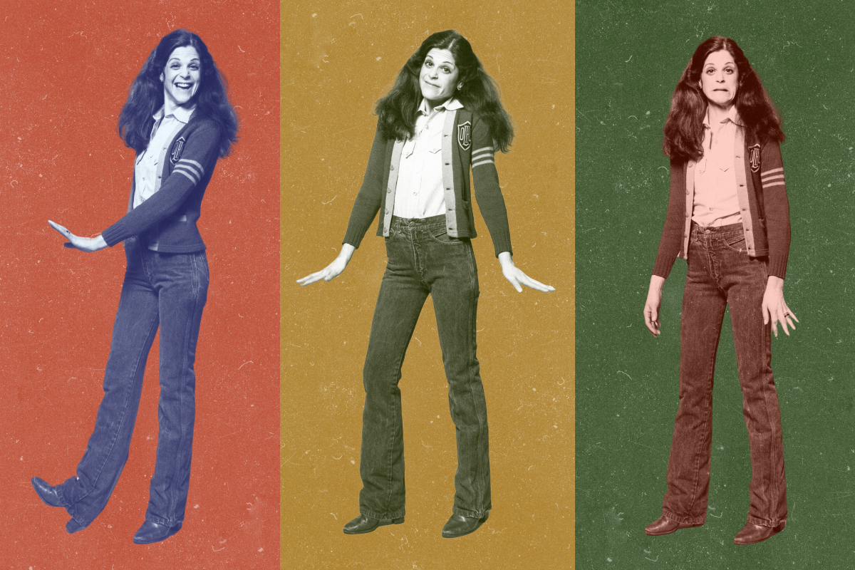 Three photos of Gilda Radner posing for the camera, standing up right.