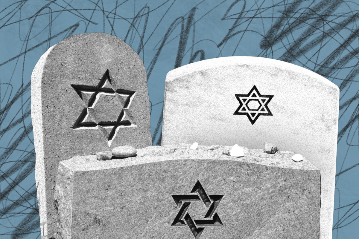 Multiple gravestones with Jewish stars on them on a blue background with black swirls