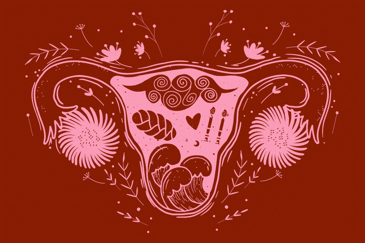 The pink outline of a uterus on a red background. Waves, challah, a heart, candlesticks and clouds are inside the uterus.