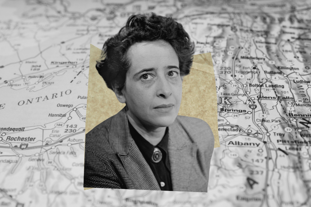 Black and white headshot of Hannah Arendt on a black and white map of upstate New York