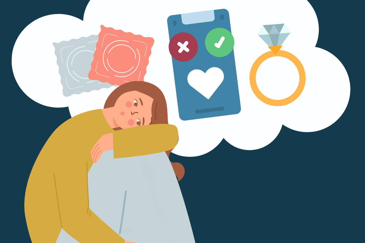 a cartoon image of a woman looking worried, with a thought bubble behind her including condoms, a phone displaying a dating app, and a diamond ring