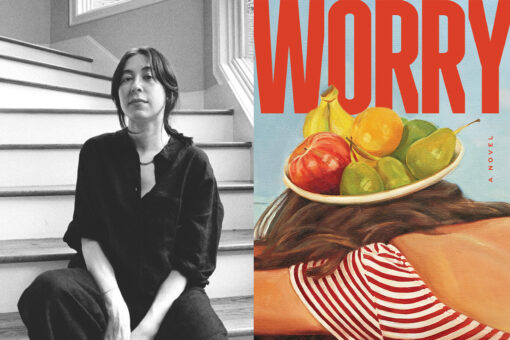 A black and white photo of Alexandra Tanner sitting on stairs next to the cover of Worry. The words "Worry" are in bright red above a woman face down on a table with a bowl of fruit on her head.