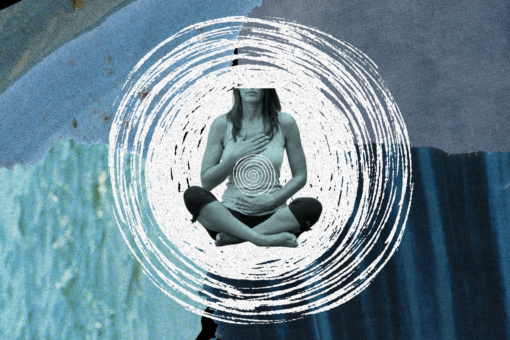 A seated person holding their abdomen. A white spiral is laid over top of it. The person sits in the center of a white circle on a blue background.
