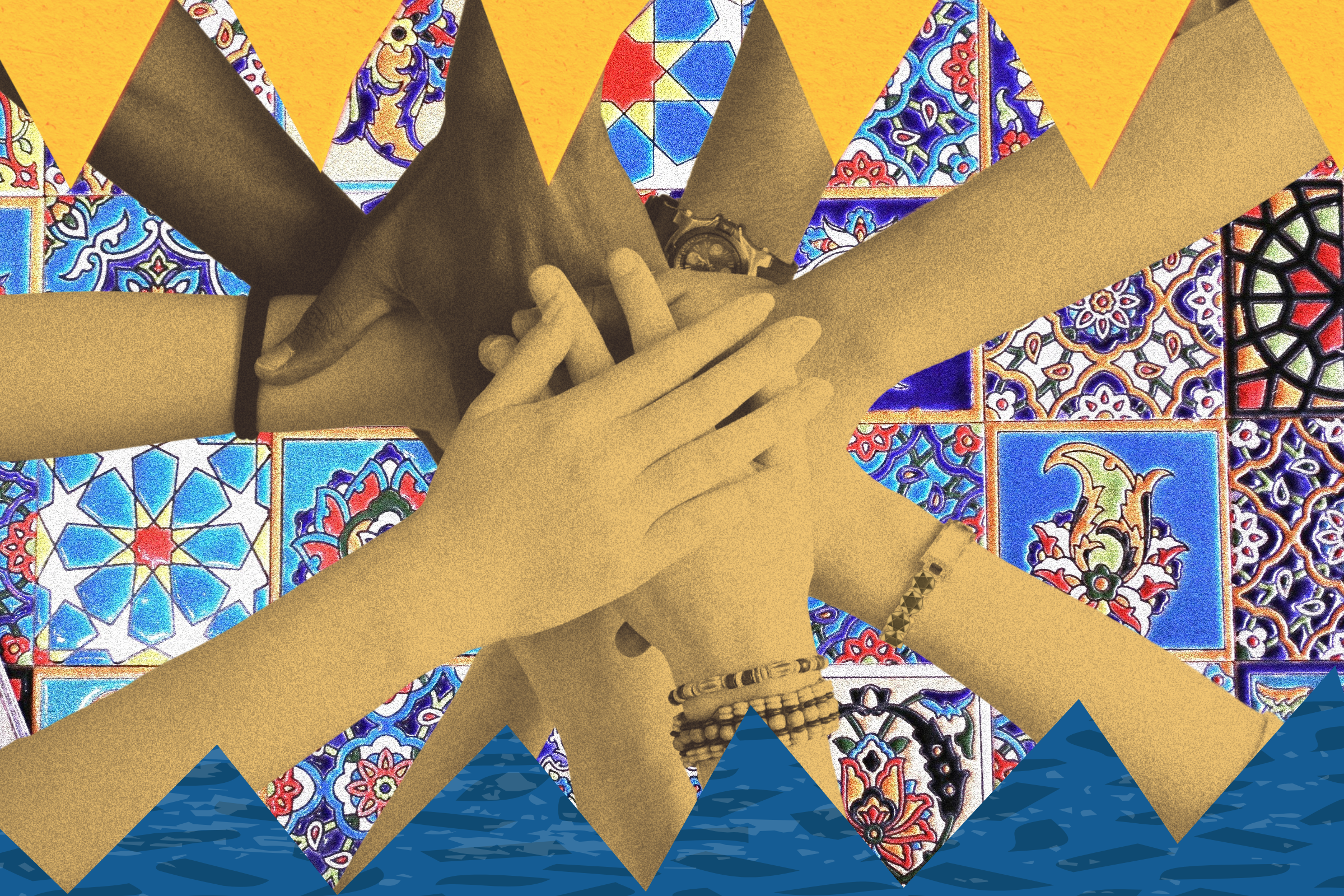 Overlapping hands appear over a background of Sephardic / Middle Eastern tiles.