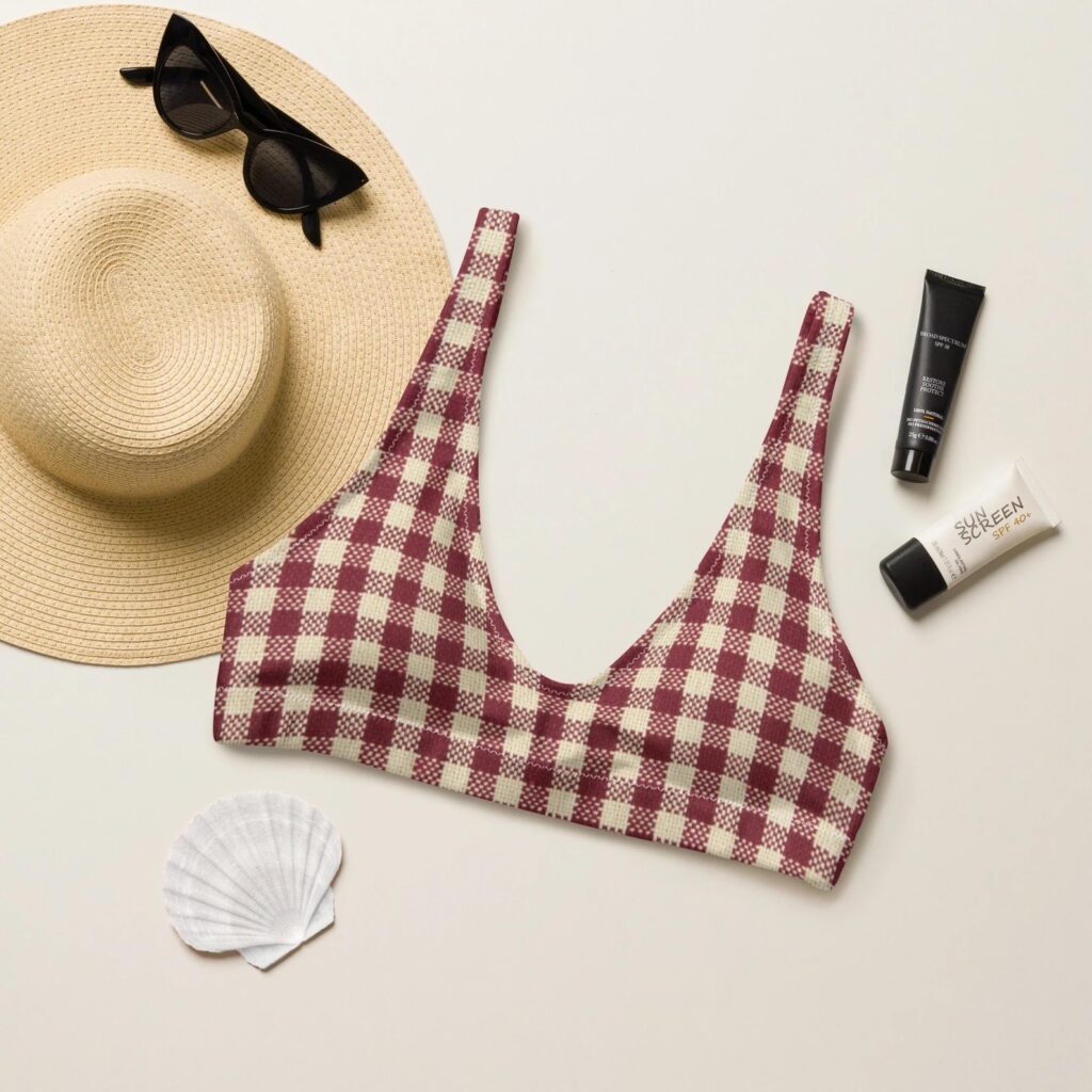 Beige & Red Checkered Eco Friendly Bikini Top (Etsy)