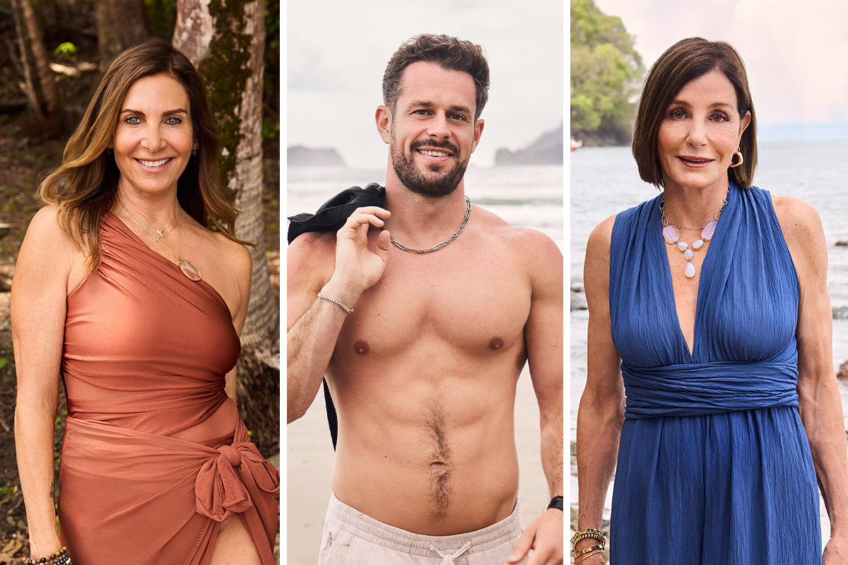 Side-by-side photos of three people. A woman in a siena-colored wrap dress, a shirtless man and a woman in a blue halter dress