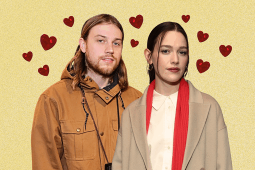 Ethan DeLorenzo and Victoria Pedretti appear beside one another against a yellow background and surrounded by red hearts.