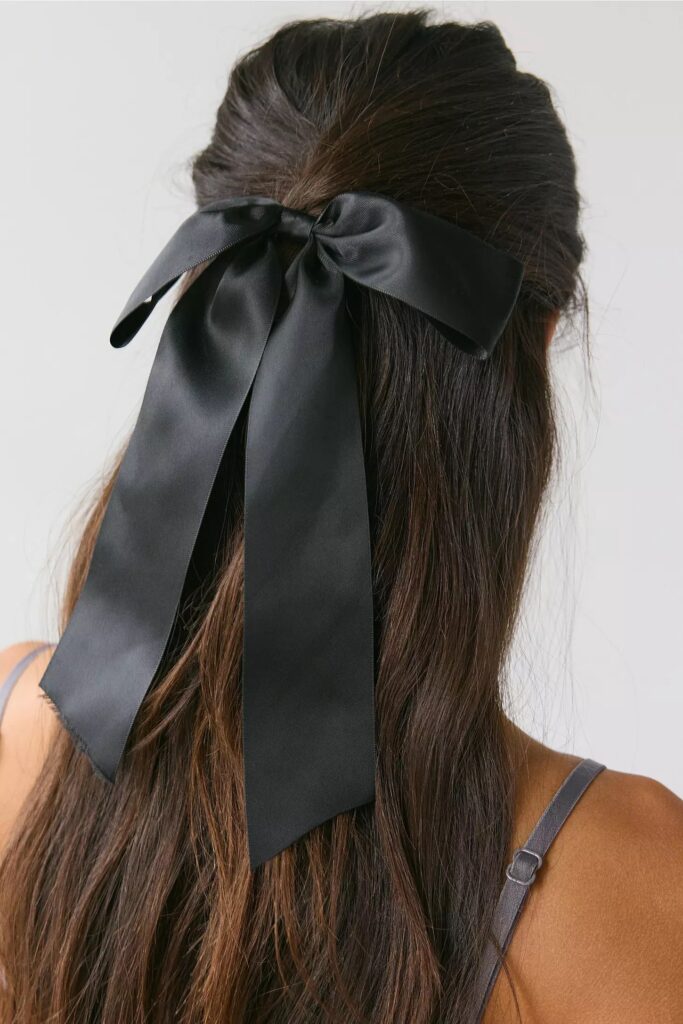 Drapey Satin Hair Bow Barette in Ivory and Black (Urban Outfitters)