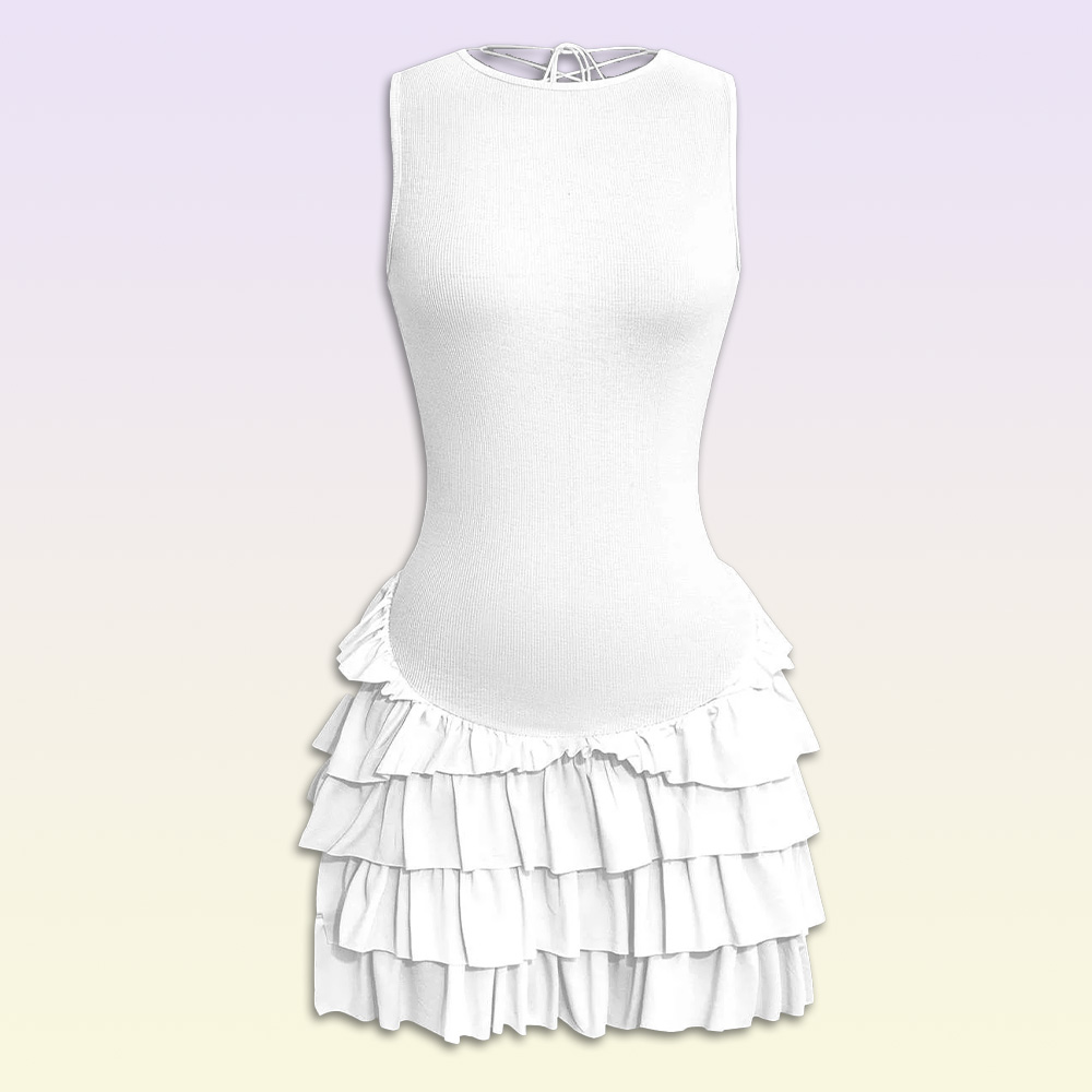 Lace Up Back Sleeveless Ruffle Hem Mini Dress in White (Micas)