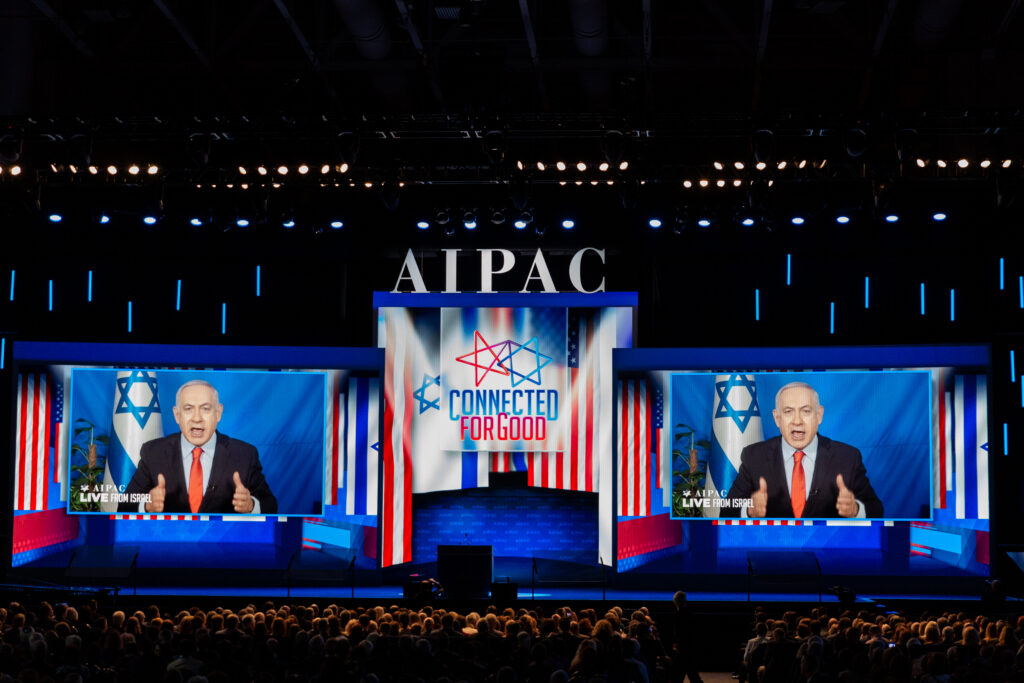 Prime Minister of Israel Benjamin Netanyahu, speaks live via satellite, at the 2019 American Israel Public Affairs Committee (AIPAC) Policy Conference, at the Walter E. Washington Convention Center in Washington, D.C., on Tuesday, March 26, 2019.