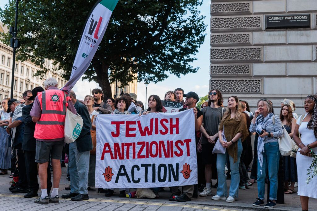 UK-based Israelis from Mi-neged and Jewish campaigners from Na'amod UK protest outside the Foreign, Commonwealth and Development Office to demand UK government sanctions on Israel on 28th July 2025 in London, United Kingdom