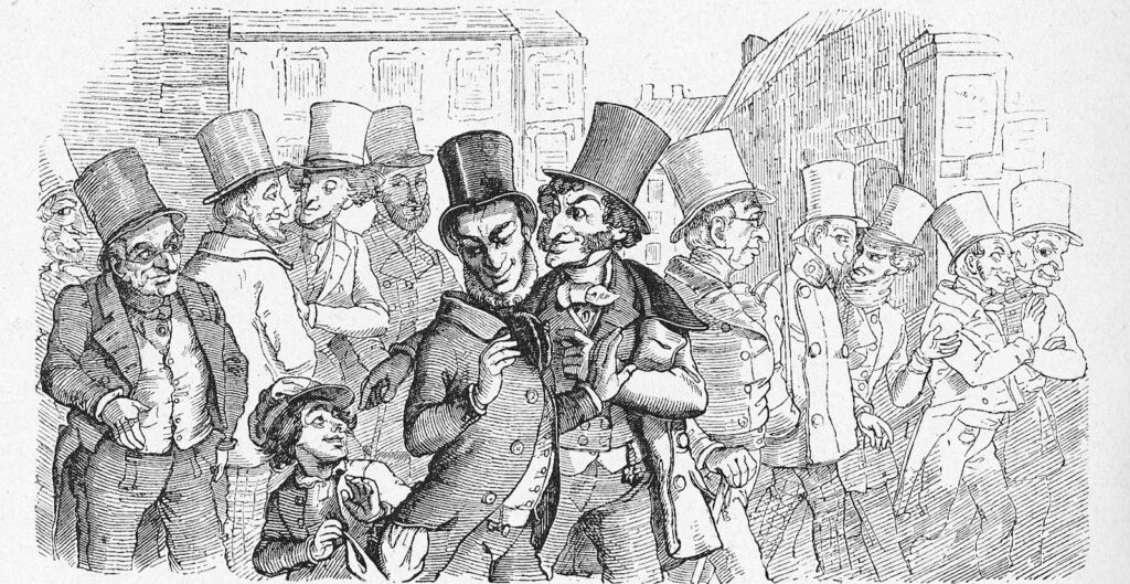 Caricature of Jewish stock-exchange speculators, in the German satirical magazine Fliegende Blätter in 1851