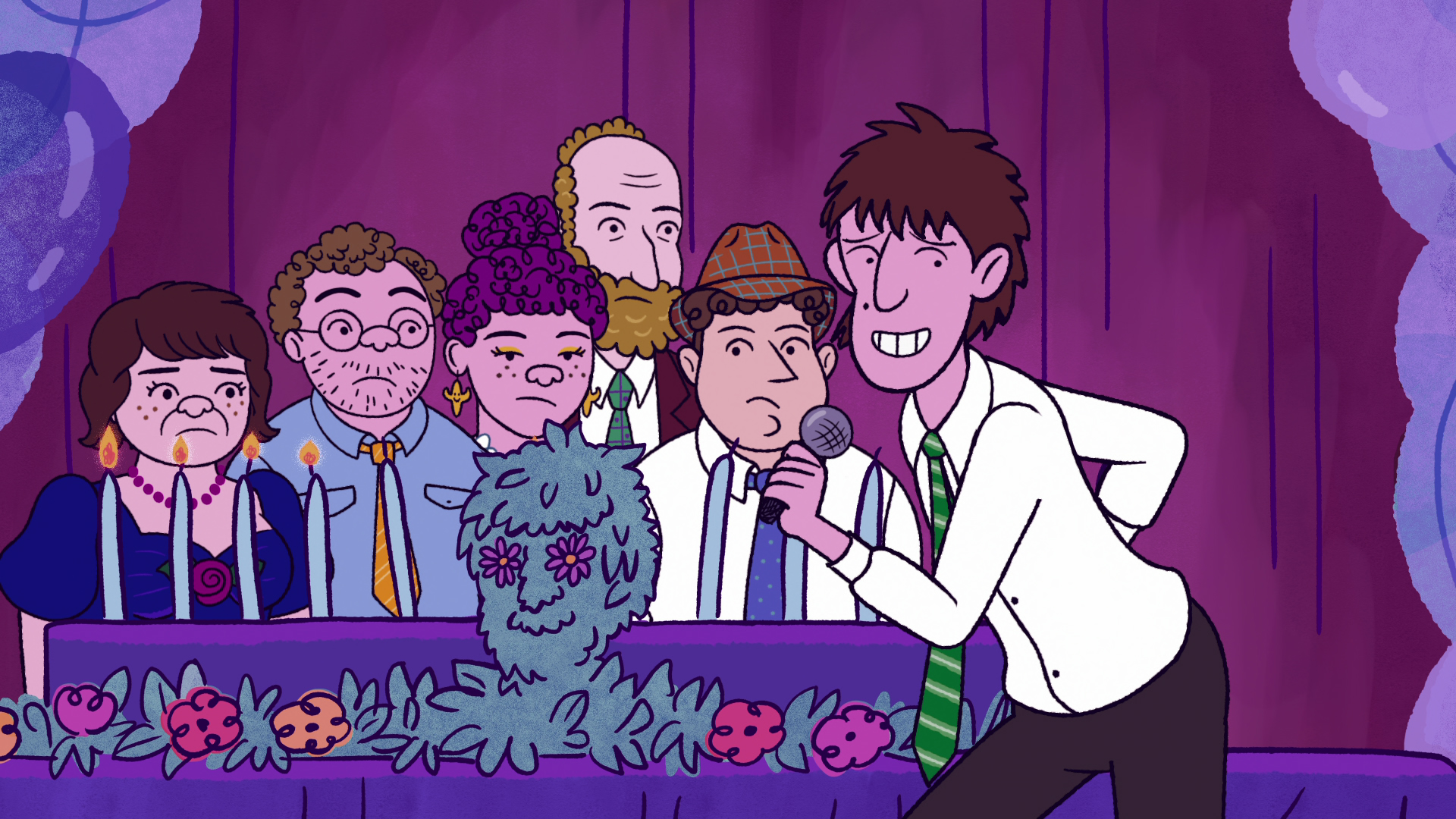 A cartoon of a family during a bar mitzvah candle lighting ceremony. It's a still from Netflix's "Long Story Short."
