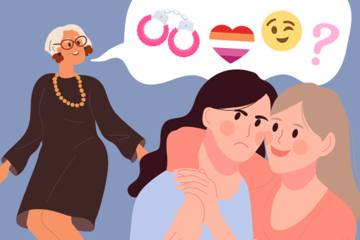An illustrated image showing a lesbian couple in the foreground and a mom in the background. The mom has a speech bubble coming out of her mouth with lots of sexual emojis included: handcuffs, the lesbian flag, a winking emoji, and a question mark.