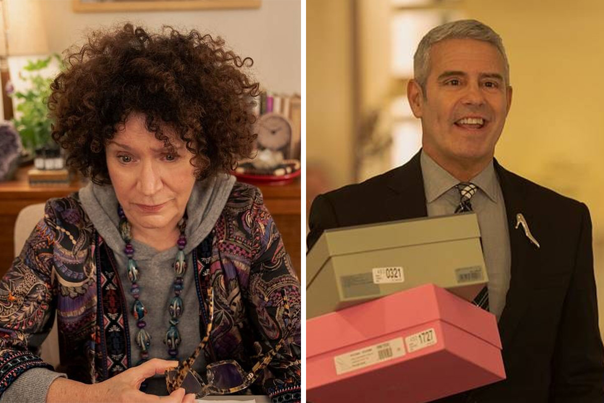 A woman with curly hair, Susie Essman, stares below camera. Another photo on the right features a man, Andy Cohen, holding green and pink shoeboxes.