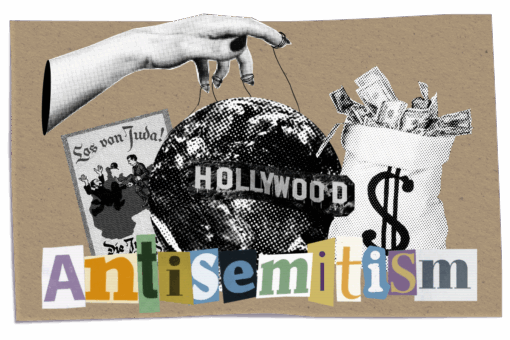 A collage. The word Antisemitism is spelled out on the bottom. On top of it there is an image of a bag of money, a hand acting as a puppet master of Hollywood and the world, and an antisemitic propaganda poster.