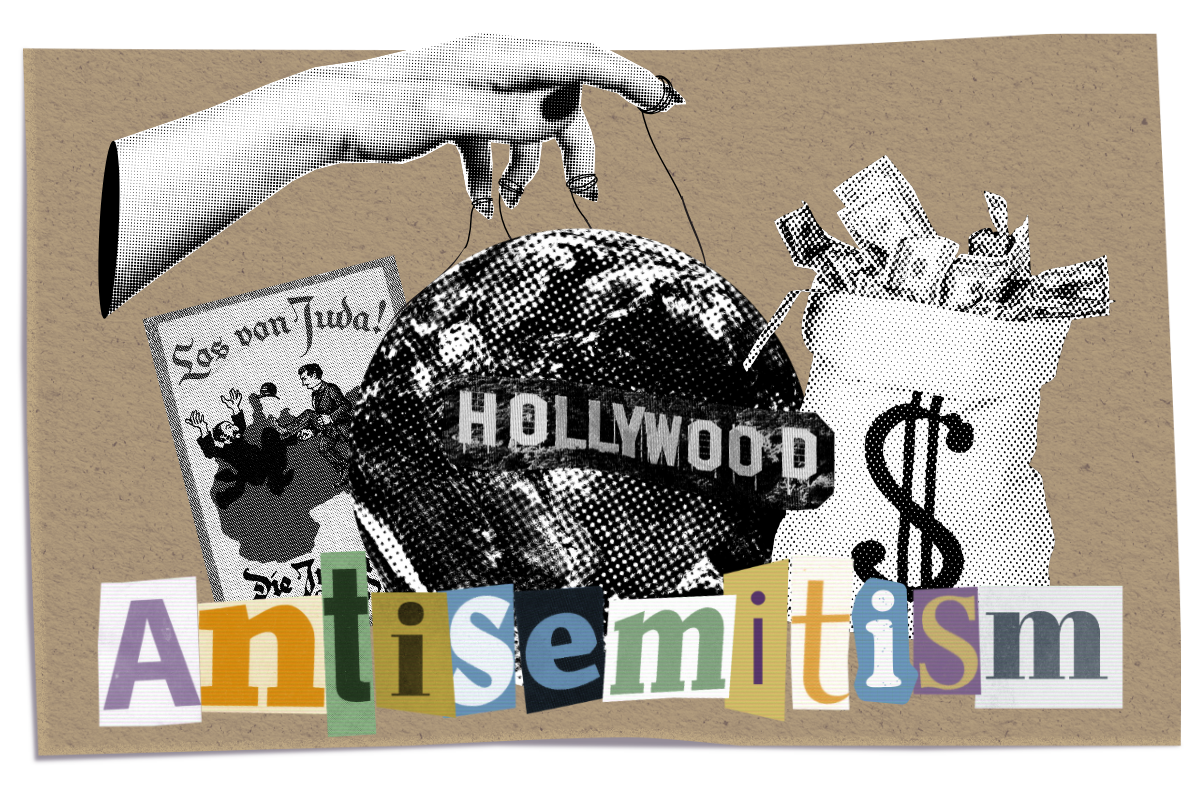 A collage. The word Antisemitism is spelled out on the bottom. On top of it there is an image of a bag of money, a hand acting as a puppet master of Hollywood and the world, and an antisemitic propaganda poster.