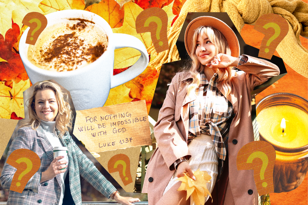 A collage of a pumpkin spice latte, a candle, fall leaves, two women who look like Caitlin Covington and a bible quotation for Christian Girl Autumn.