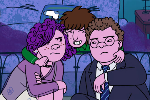 A still from "Long Story Short" on Netflix. Yoshi pulls Avi and Shira into a tight hug.
