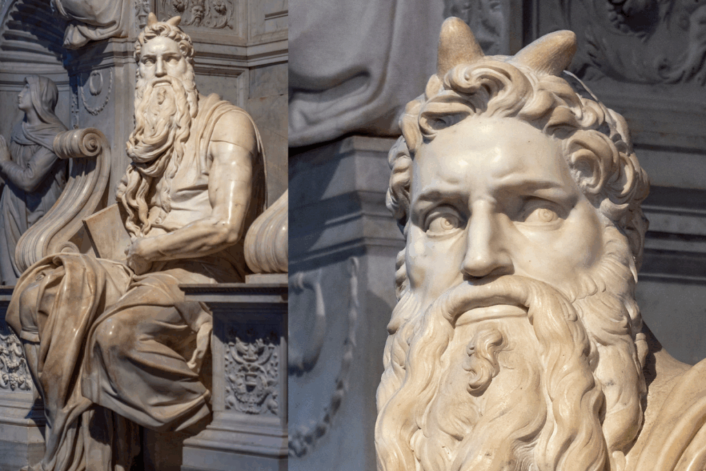 Michelangelo's "Moses" from Tomb of Pope Julius II. Two horn-like shapes protrude from the figure's head.