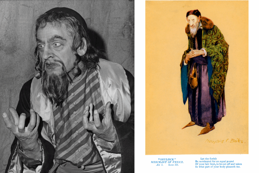Robert Harris as Shylock in a 1961 production of "The Merchant of Venice" and a 1754 Illustration of Shylock in Act I, scene 3 