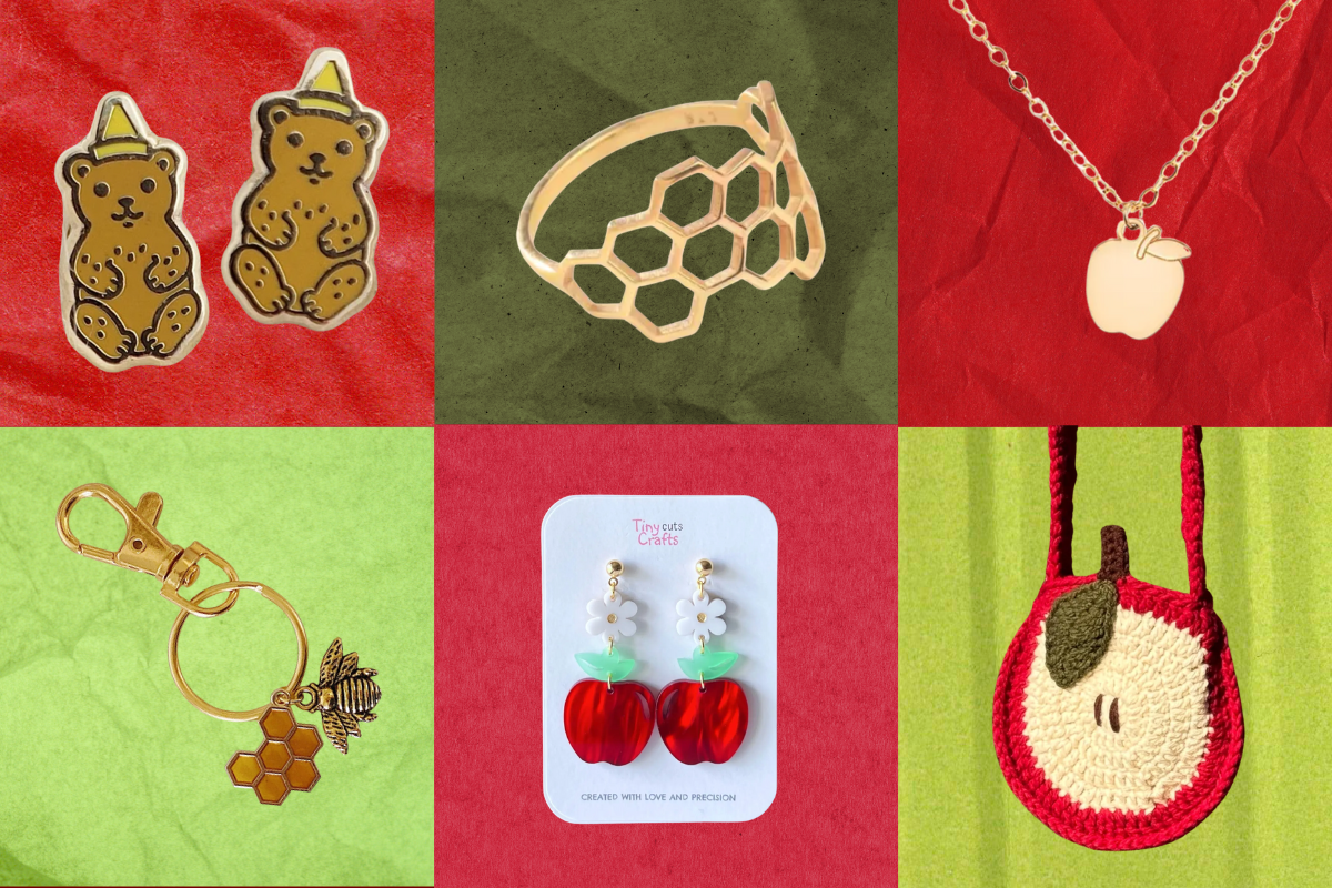 Honey and apple accessories from Etsy on a red and green background