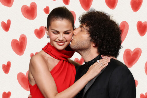 Selena Gomez and Benny Blanco embrace and kiss on a watercolor heart background.
