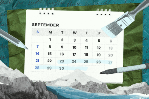 A calendar with a green background. A paintbrus a pen and a pencil are on top of it.