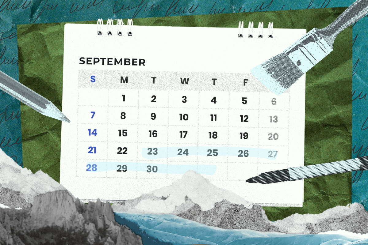 A calendar with a green background. A paintbrus a pen and a pencil are on top of it.
